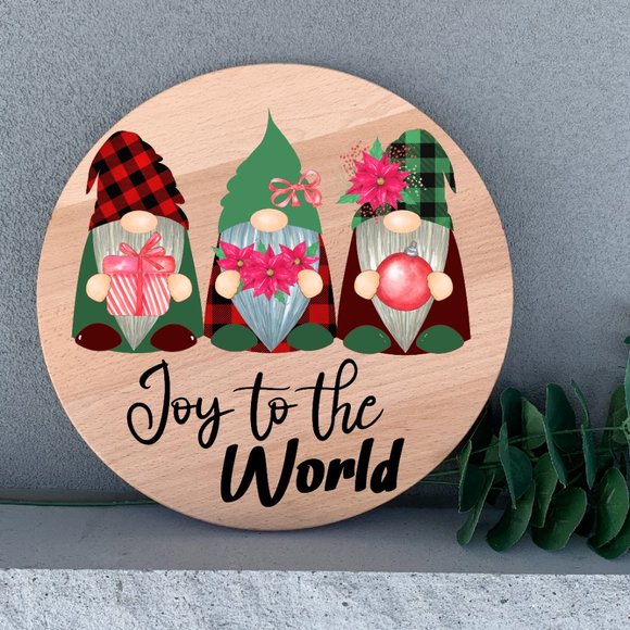 Hand Crafted Other - Holiday Gnome Joy To The World 12" Thin Birch Wood Round Handmade Wall Art